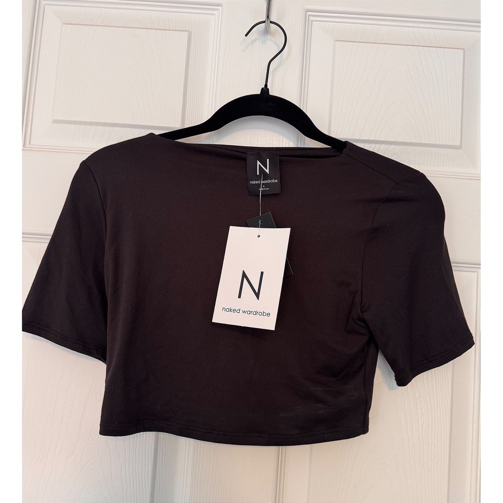 Naked Wardrobe Crop Top Womens M Black Jersey Boat Neck Short Sleeve Trendy NEW